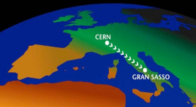 국제 중성미자 실험그룹인 오페라(OPERA)의 중성미자 속력측정 실험 개념도. 스위스 세른(CERN)에서 생성된 뮤온 중성미자 빔이 730킬로미터 떨어진 이탈리아 그란사소 지하실험실에서 검출된다. 오페라 제공